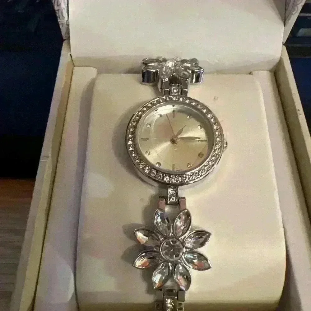 Charter Club Stainless Steel Clear Crystal Floral Band Watch New